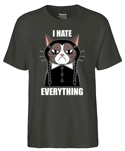 Grumpy Addams - grumpy, cat, addams family, horror, fun, meme, comedy - Fairtrade T-Shirt