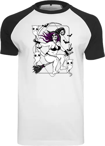 Pin-up witch and her ghost kitties
