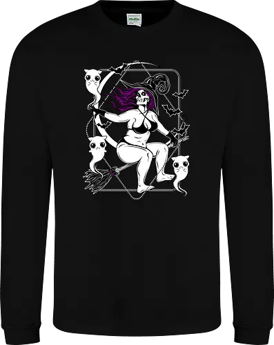Pin-up witch and her ghost kitties