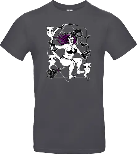 Pin-up witch and her ghost kitties