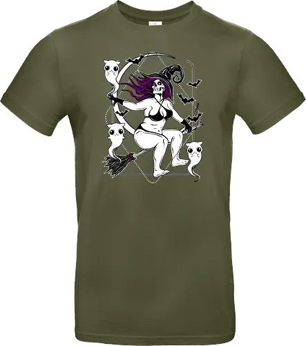 Pin-up witch and her ghost kitties