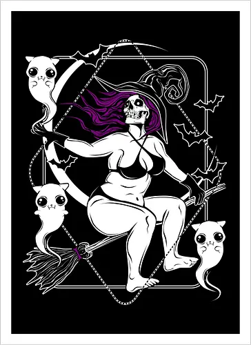 Pin-up witch and her ghost kitties