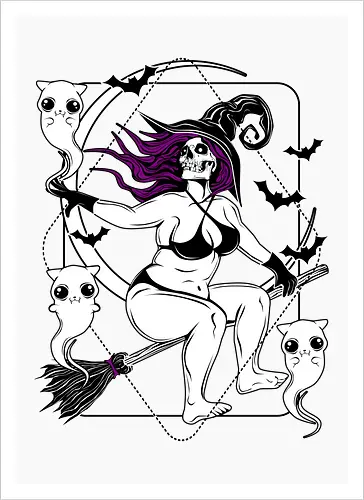 Pin-up witch and her ghost kitties