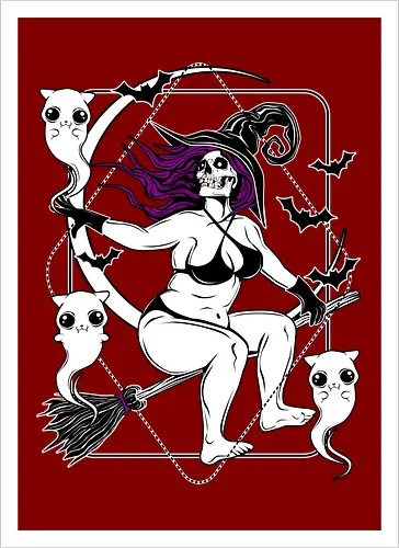 Pin-up witch and her ghost kitties