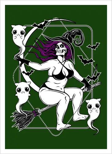 Pin-up witch and her ghost kitties