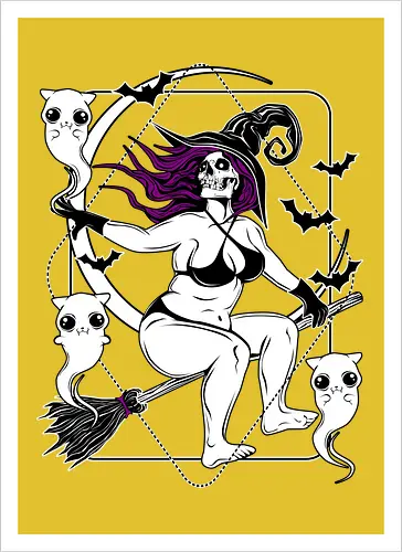 Pin-up witch and her ghost kitties