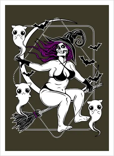 Pin-up witch and her ghost kitties