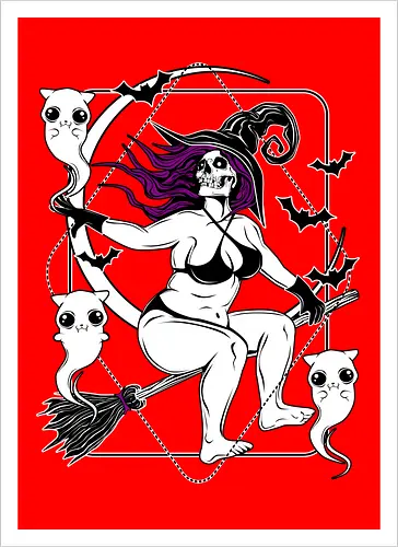 Pin-up witch and her ghost kitties