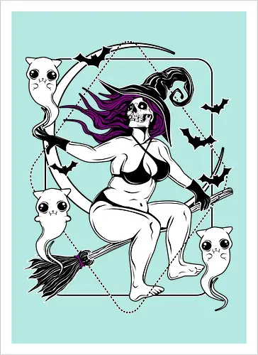 Pin-up witch and her ghost kitties