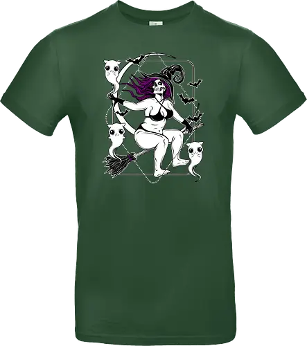 Pin-up witch and her ghost kitties