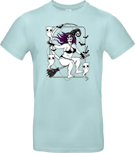 Pin-up witch and her ghost kitties