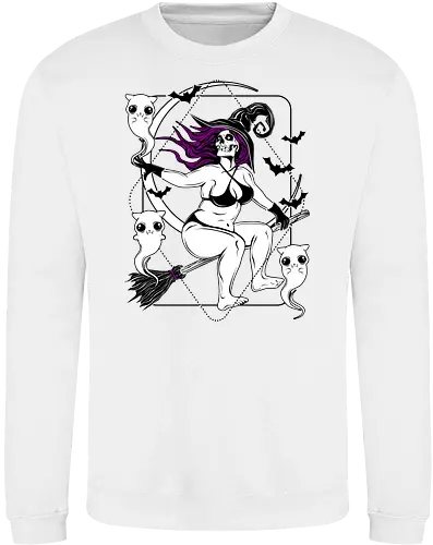 Pin-up witch and her ghost kitties