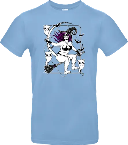Pin-up witch and her ghost kitties