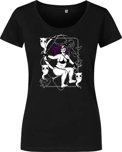 Pin-up witch and her ghost kitties