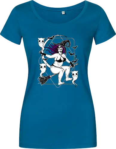 Pin-up witch and her ghost kitties