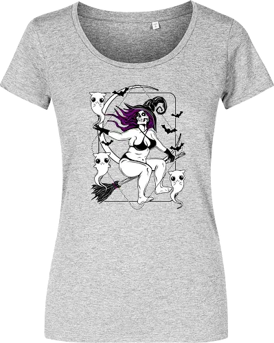 Pin-up witch and her ghost kitties