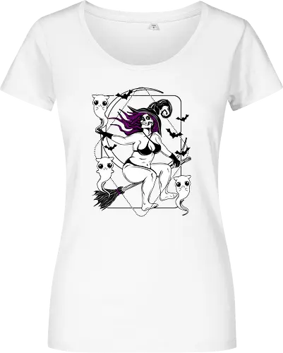 Pin-up witch and her ghost kitties