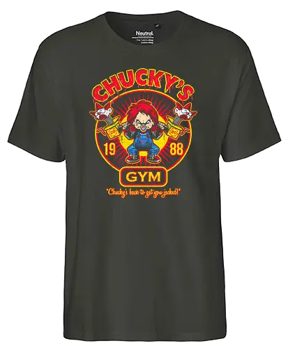 Chucky's Gym - chucky, doll, murder, horror, gym, clown, 80s, fitness - Fairtrade T-Shirt