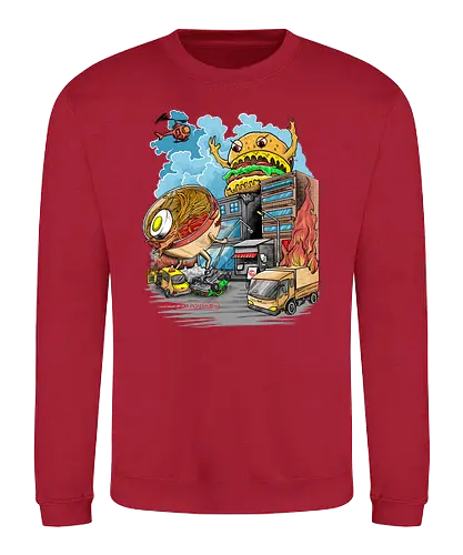 Burger vs Ramen - burger, ramen, noodlesoup, kaiju, monster, japan, nippon, food, essen, nudeln, suppe, hamburger, cheeseburger - Sweatshirt