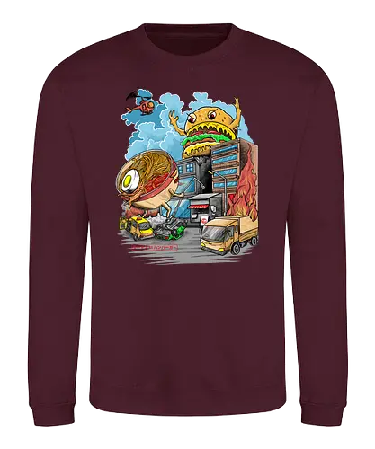 Burger vs Ramen - burger, ramen, noodlesoup, kaiju, monster, japan, nippon, food, essen, nudeln, suppe, hamburger, cheeseburger - Sweatshirt
