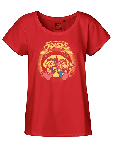 Chomp between Worlds - chomp, dog, cute, Hero of Time, plumber, gaming, classic gaming - Fairtrade Girl Shirt