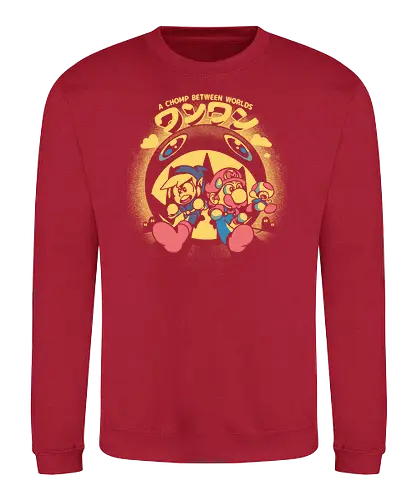 Chomp between Worlds - chomp, dog, cute, Hero of Time, plumber, gaming, classic gaming - Sweatshirt