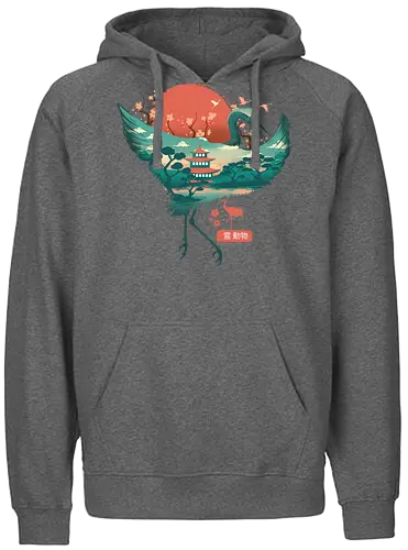Spirit Crane - crane, kranich, spirit, spring, frühling, japan, traditional, wave, welle, sakura, fuji, temple - Fairtrade Hoodie