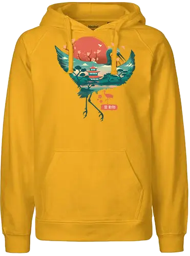 Spirit Crane - crane, kranich, spirit, spring, frühling, japan, traditional, wave, welle, sakura, fuji, temple - Fairtrade Hoodie