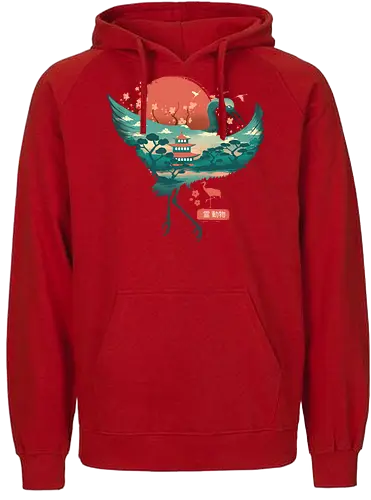Spirit Crane - crane, kranich, spirit, spring, frühling, japan, traditional, wave, welle, sakura, fuji, temple - Fairtrade Hoodie