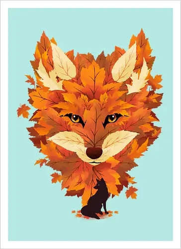 Red Fox and Falling Leaves - fox, fuchs, herbst, blätter - Kunstdruck