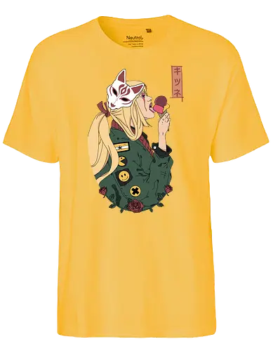Kitsune - manga, girl, woman, japan, waifu, happy, otaku, female, roses, kitsune, fox, anime, ice crm - Fairtrade T-Shirt