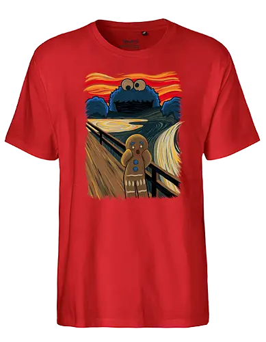 The Cookie Muncher - cookies, Lebkuchenmann, der schrei, Munch, Cookie monster, Monster, the scrm, Gingerbrd man - Fairtrade T-Shirt