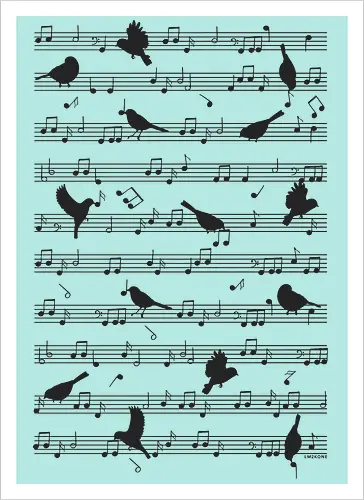 Birds on musical notes - black