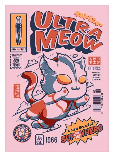 Ultrameow - ultraman, cat, katze, hero, comic - Kunstdruck