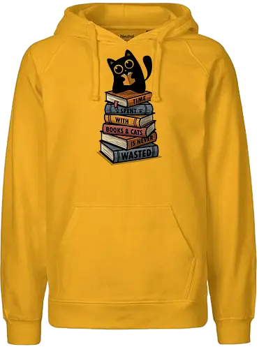 Time Spent With Books & Cats Is Never Wasted - Black Cat, books, rding - Fairtrade Hoodie