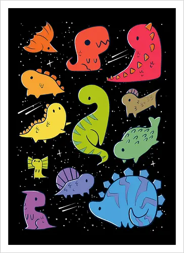 Tiny Rainbow Dinosaurs - dino, regenbogen, space, rainbow - Kunstdruck