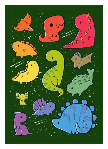 Tiny Rainbow Dinosaurs - dino, regenbogen, space, rainbow - Kunstdruck