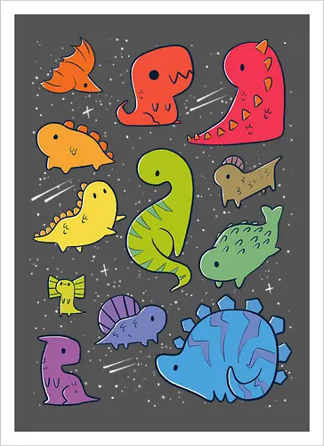 Tiny Rainbow Dinosaurs - dino, regenbogen, space, rainbow - Kunstdruck
