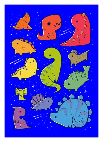 Tiny Rainbow Dinosaurs - dino, regenbogen, space, rainbow - Kunstdruck