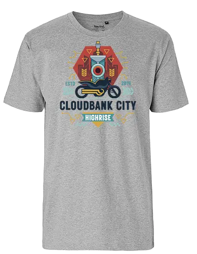 The Cloudbank City Sword - transistor, red, sword, bastion, hades 2, motor, bike, camerata, cloudbank city, motorcycle, sybil reisz, grant kendrell, royce bracket, gaming, video game - Fairtrade T-Shirt