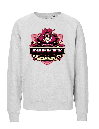 Niffty Housekeeper Emblem - Demon, niffty, alastor, charlie morningstar, vaggie, husk, demon, angel dust, vox, cartoon, cherri bomb, lucifer, helluva boss, angels, hell,  - Fairtrade Sweatshirt