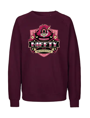 Niffty Housekeeper Emblem - Demon, niffty, alastor, charlie morningstar, vaggie, husk, demon, angel dust, vox, cartoon, cherri bomb, lucifer, helluva boss, angels, hell,  - Fairtrade Sweatshirt