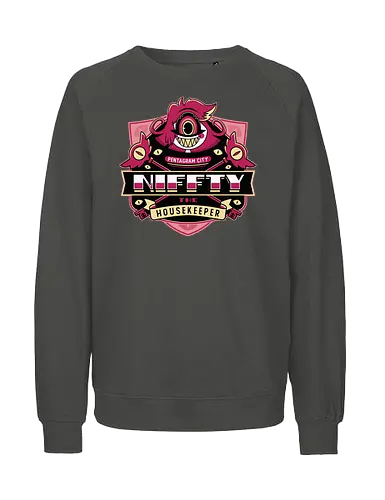Niffty Housekeeper Emblem - Demon, niffty, alastor, charlie morningstar, vaggie, husk, demon, angel dust, vox, cartoon, cherri bomb, lucifer, helluva boss, angels, hell,  - Fairtrade Sweatshirt
