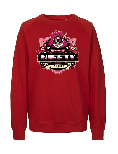 Niffty Housekeeper Emblem - Demon, niffty, alastor, charlie morningstar, vaggie, husk, demon, angel dust, vox, cartoon, cherri bomb, lucifer, helluva boss, angels, hell,  - Fairtrade Sweatshirt