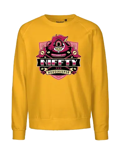 Niffty Housekeeper Emblem - Demon, niffty, alastor, charlie morningstar, vaggie, husk, demon, angel dust, vox, cartoon, cherri bomb, lucifer, helluva boss, angels, hell,  - Fairtrade Sweatshirt