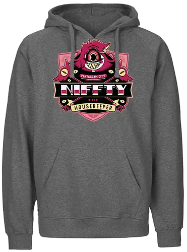 Niffty Housekeeper Emblem - Demon, niffty, alastor, charlie morningstar, vaggie, husk, demon, angel dust, vox, cartoon, cherri bomb, lucifer, helluva boss, angels, hell,  - Fairtrade Hoodie