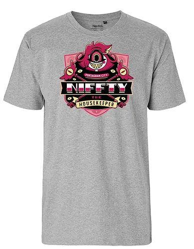 Niffty Housekeeper Emblem - Demon, niffty, alastor, charlie morningstar, vaggie, husk, demon, angel dust, vox, cartoon, cherri bomb, lucifer, helluva boss, angels, hell,  - Fairtrade T-Shirt