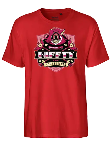 Niffty Housekeeper Emblem - Demon, niffty, alastor, charlie morningstar, vaggie, husk, demon, angel dust, vox, cartoon, cherri bomb, lucifer, helluva boss, angels, hell,  - Fairtrade T-Shirt