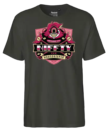 Niffty Housekeeper Emblem - Demon, niffty, alastor, charlie morningstar, vaggie, husk, demon, angel dust, vox, cartoon, cherri bomb, lucifer, helluva boss, angels, hell,  - Fairtrade T-Shirt