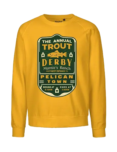 Trout Derby Pelican Town - Farming, Spirit, Spirits, rpg, game, gaming, gamer, video games, farming game, farming simulator, pelican town, farmer, stardrop, krobus, fishing festival - Fairtrade Sweatshirt